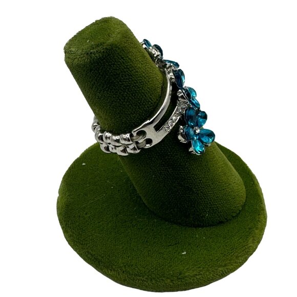 Elegant Silver-Plated Adjustable Ring With Blue Crystal Flower Accents - Picture 5 of 5